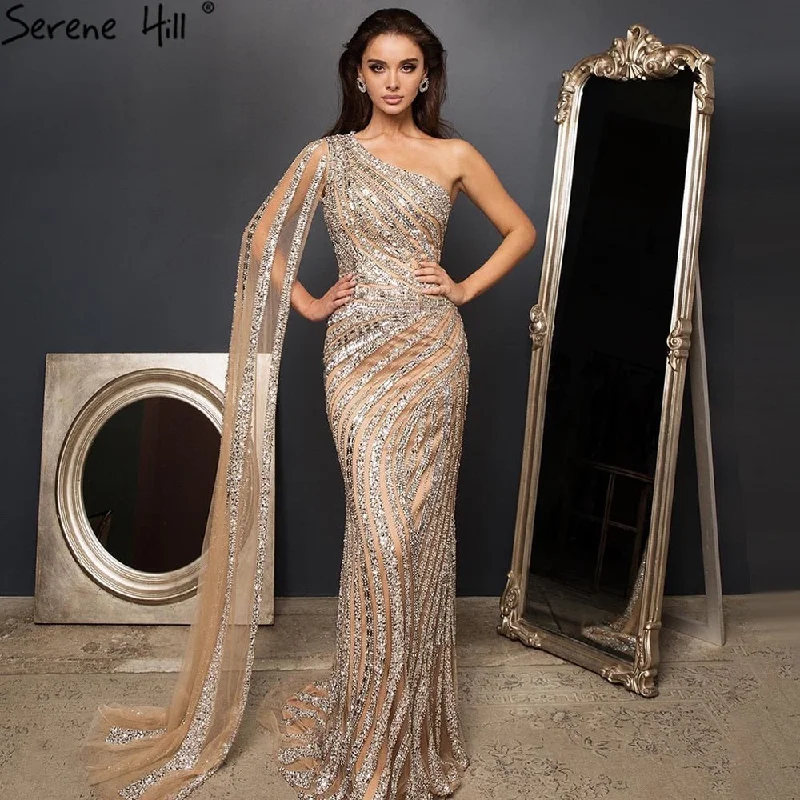 Metallic evening dress-Silver Nude Mermaid Luxury Evening Dresses Gowns 2024 Elegant One Shoulder Beaded For Women Party Night LA71413 Serene Hill