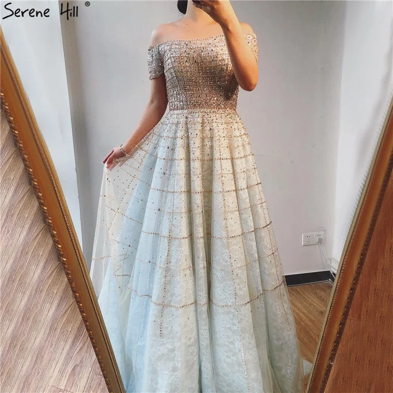 Vintage evening dress-Silver Off Shoulder Short Sleeve  Evening Dresses 2024 Dubai A-Line Beading Diamond Evening Gowns Serene Hill LA70263