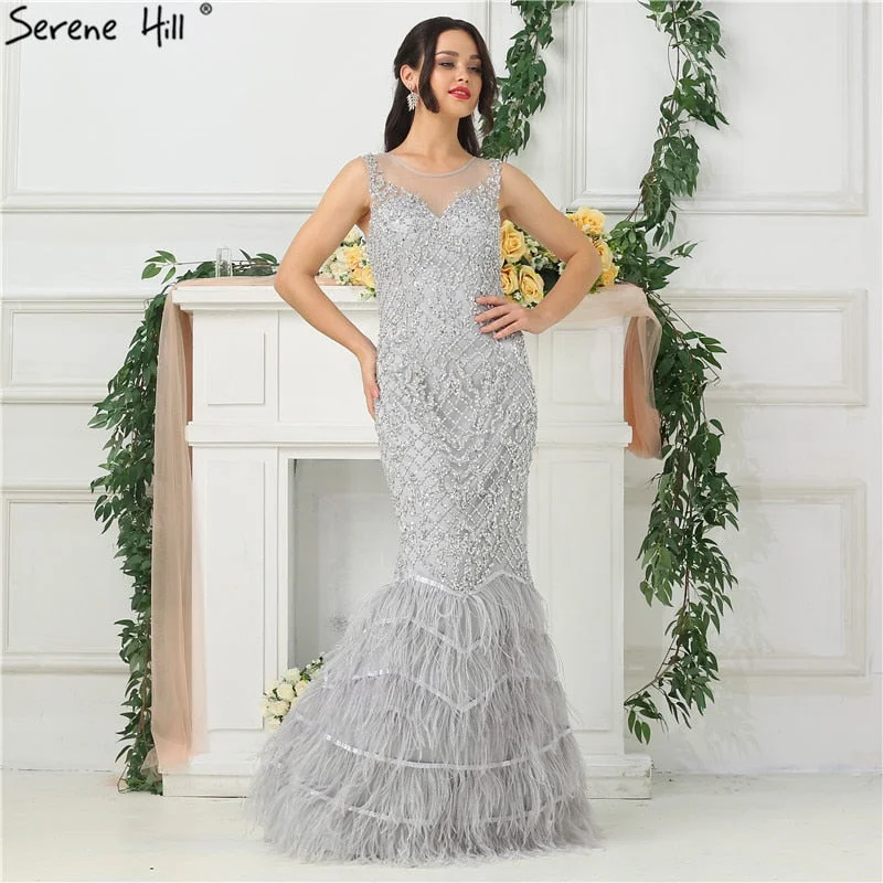 Evening dress with A-line-Silver Perspective Mermaid Evening Dress Diamond Feathers Evening Gowns LA6654