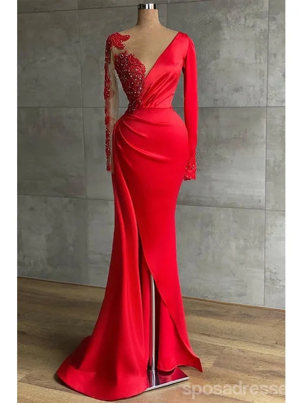 Burgundy evening dress-Red Mermaid Long Sleeves V-neck Cheap Long Prom Dresses,12870