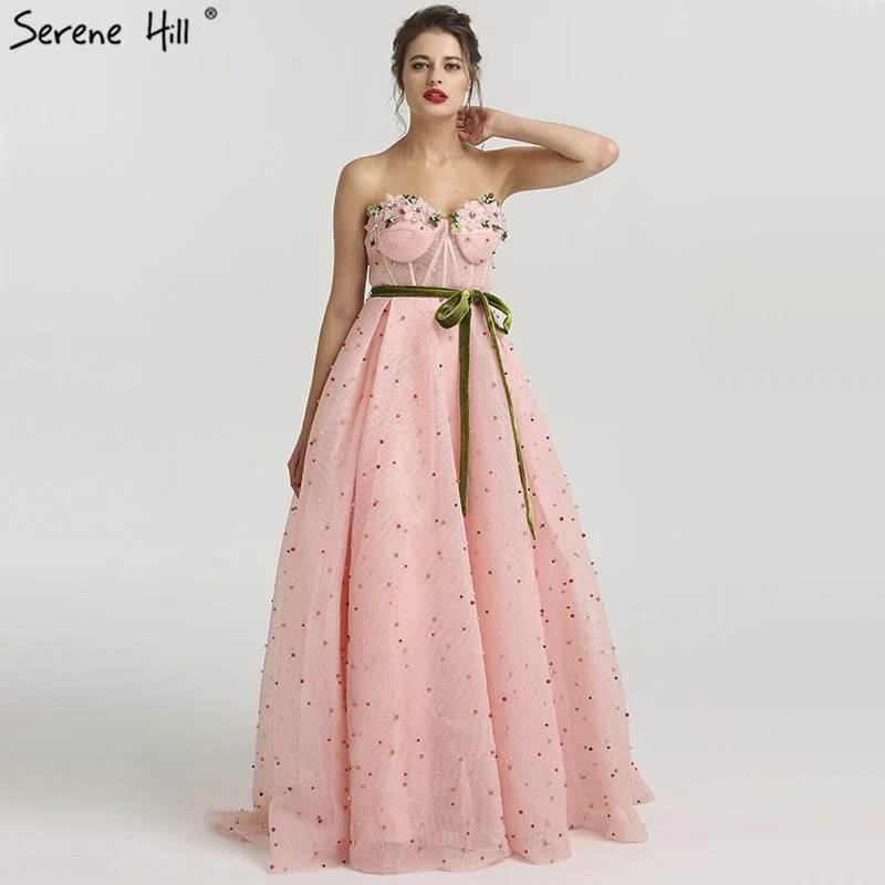 Evening dress with appliqu茅-Sleeveless Illusion Tulle Evening Dresses Colored Flowers Pearls Fashion Beach LA6490