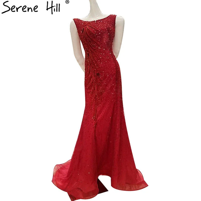 Burgundy evening dress-Sleeveless Tulle Mermaid Evening Gowns Sequined Beading Luxury