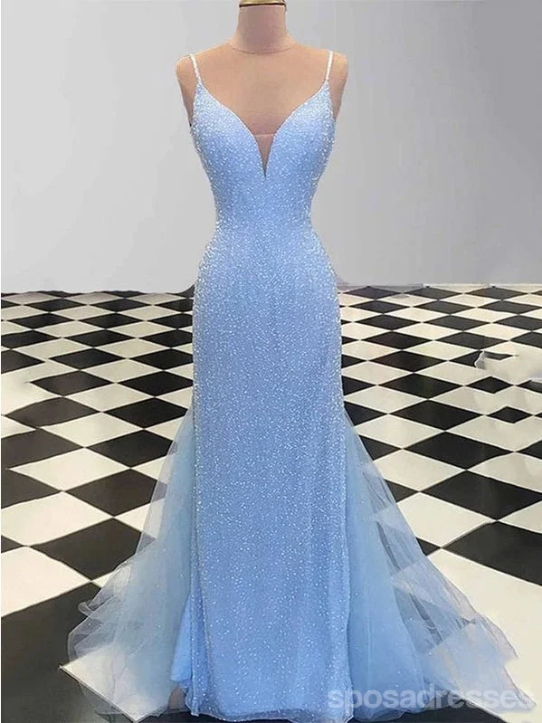 Halter neck evening dress-Sparkly Blue Mermaid Spaghetti Straps V-neck Cheap Long Prom Dresses,12886