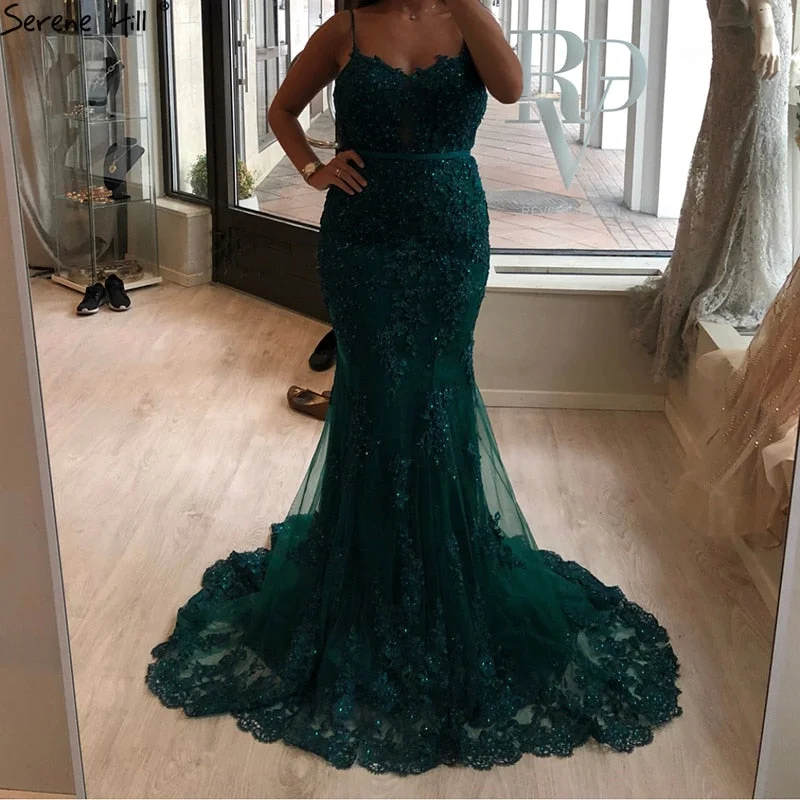 Evening dress with beaded bodice-Sweetheart Lace Crystal Evening Dresses Dubai Luxury Mermaid LA60712