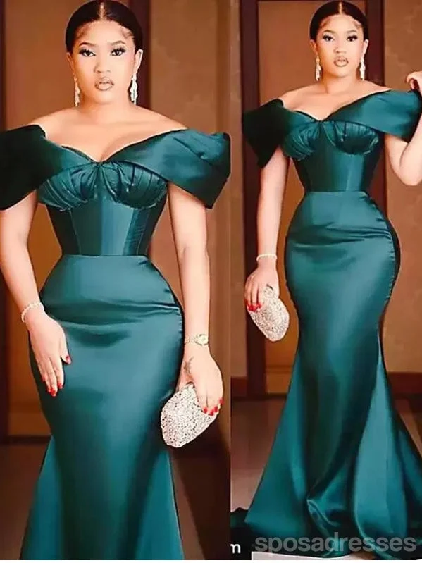 Evening dress with metallic finish-Teal Mermaid Off Shoulder Cheap Long Prom Dresses,12906