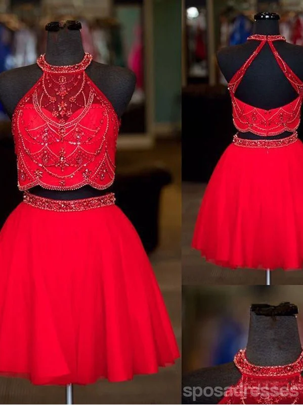 Evening dress with off-shoulder neckline-Two Pieces Red Homecoming Dresses,Cheap Short Prom Dresses,CM900