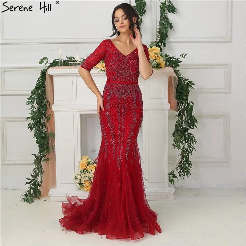 Champagne evening dress-V-Neck Fashion Mermaid Evening Dresses Half Sleeve Beading Sequined LA6563