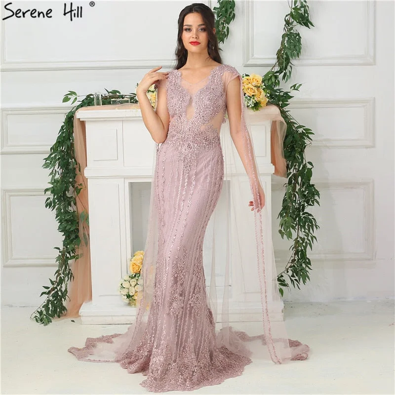 Evening dress with cap sleeves-V-Neck Sleeveless Evening Dresses Mermaid Elegant Lace Pears Formal LA6595