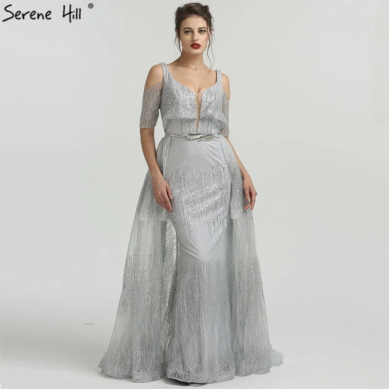 Evening dress with beaded details-Vintage A-Line Evening Dresses V-Neck Half Sleeves Glitter Evening Gowns LA6589