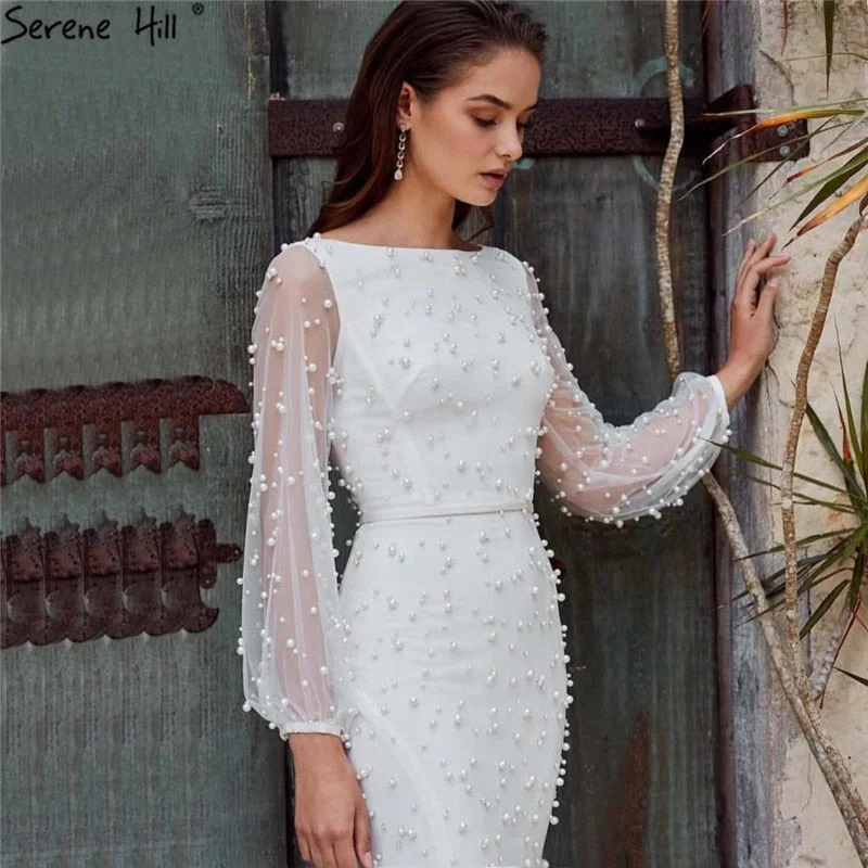 Evening dress with embroidered flowers-White Long Sleeve Pearls Mermaid Evening Dresses Design 2024 Dubai O-Neck Sexy Tulle Formal Dress Serene Hill LA60995