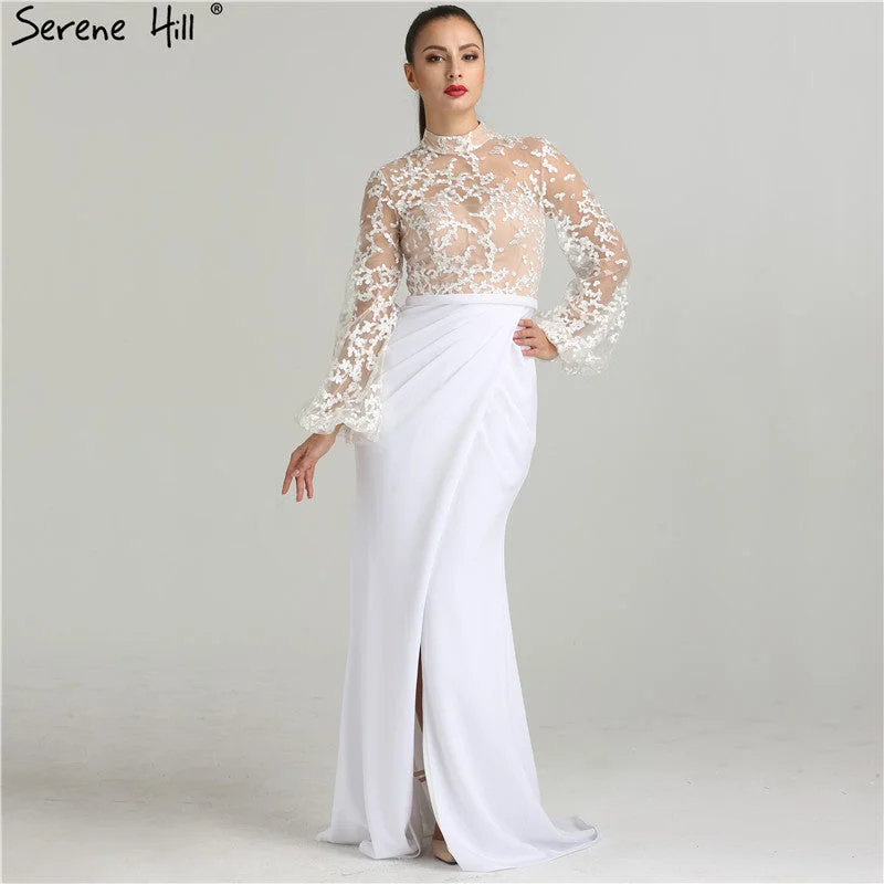 Evening dress with chiffon-White Long Sleeves Evening Dresses Fashion Illusion Mermaid LA6303