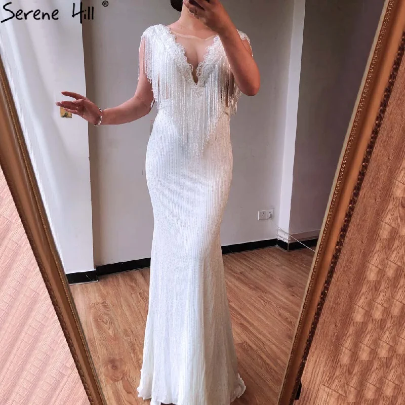 Vintage evening dress-White Luxury Beaded Tassel Elegant Evening Dresses 2024 Cap Sleeve Mermaid For Women Wedding Party LA70571