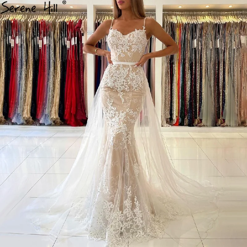 Evening dress with high-low hem-White Nude Spaghetti Strap Evening Dressese Gowns 2024 Mermaid Elegnat Lace For Women Party Serene Hill LA60731A