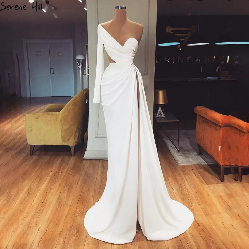 Gold evening dress-White One Shoulder Long Sleeves Evening Dress 2024 Satin Mermaid Simple Sexy Formal Dress Serene Hill LA70327