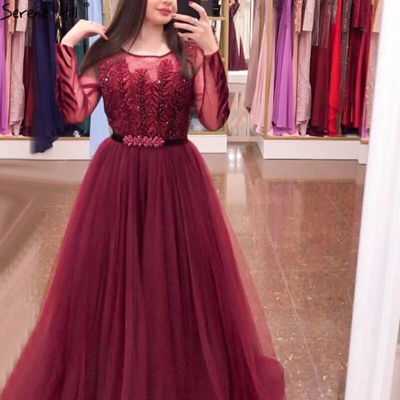 Evening dress with ruching-Wine Red A-Line Tulle Design Evening Dresses Long Sleeves Crystal Luxury Formal Dress Serene Hill 2024 LA70280