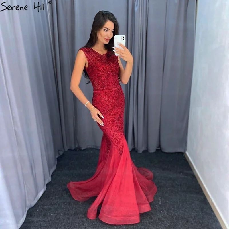 Evening dress with plunging neckline-Wine Red Dubai Crystal O-Neck Evening Dresses Mermaid Sleeveless Luxury Formal Dress Real Photo LA60980