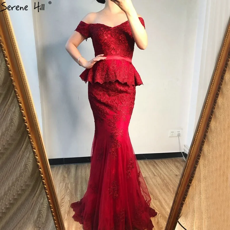 Halter neck evening dress-Wine Red Mermaid Crystal Sexy Evening Dresses 2024 Sleeveless Fake Two Pieces Long Evening Gowns Serene Hill LA70315