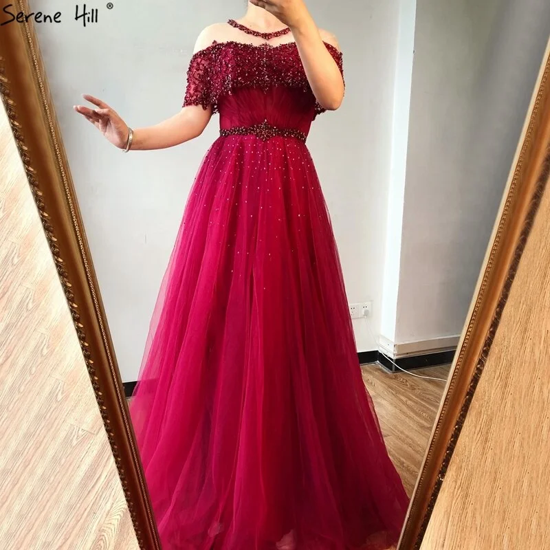 Long evening dress-Wine Red Short Sleeves Sexy Evening Dresses 2024 Dubai Diamond Sequins O-Neck A-Line Formal Dress LA70352