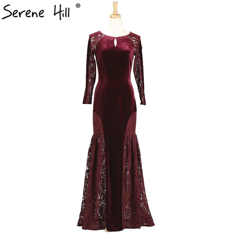 Evening dress for weddings-Wine Red Velour Mermaid Evening Dress Long Sleeves Women Formal Dresses Evening Gowns