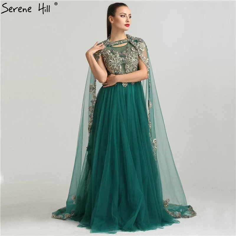 Evening dress with bow belt-With Cap Embroidery Crystal Evening Dresses Long Fashion A-Line LA6402